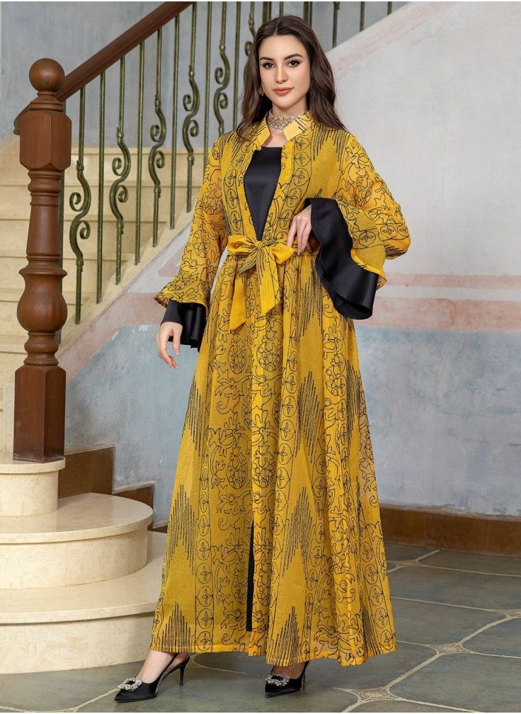 Loquat Ladies Embroidered Robe Long Dress Set Open Front Outer Robe+Inner Skirt+Belt Muslim Abaya Dark Yellow  - Image 1