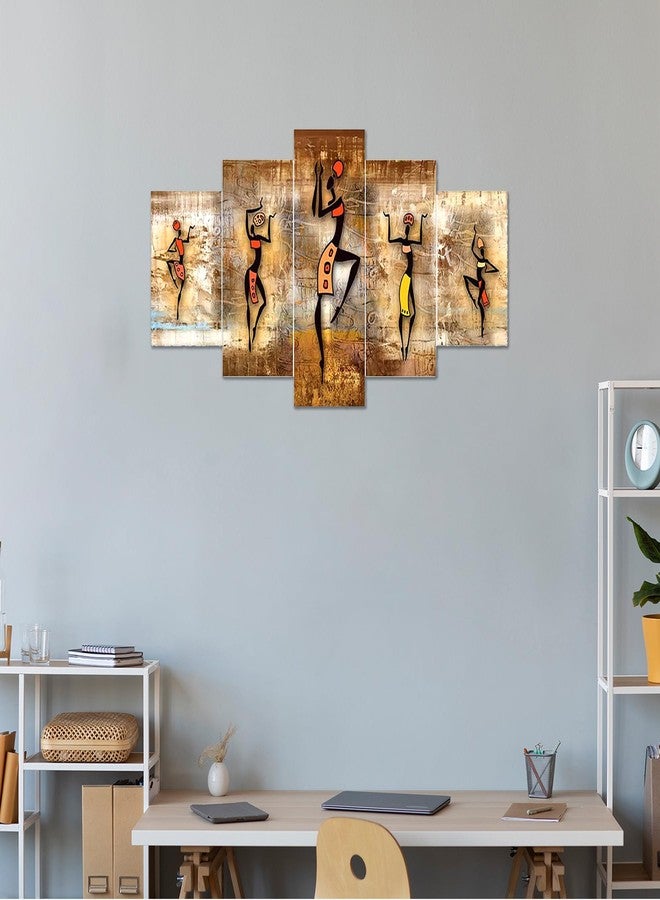 AlertEra Industries Wall Paintings | Wood Wall Art for Bedroom | Rajasthani Dance Wall Sculpture | Painting for office | Painting for Hotels | 5 Piece Set | 18x30 | 1698 | Brown - Image 1