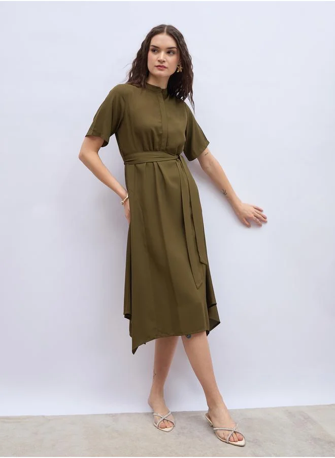 Styli Styli Women Olive Solid Collared Shirt Dress with Asymmetric Hem