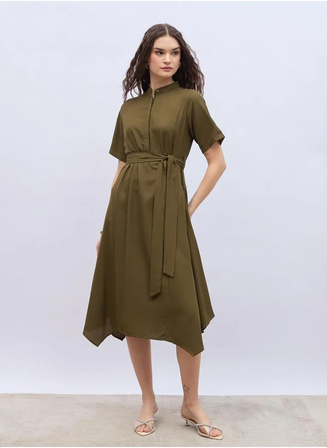 Styli Styli Women Olive Solid Collared Shirt Dress with Asymmetric Hem