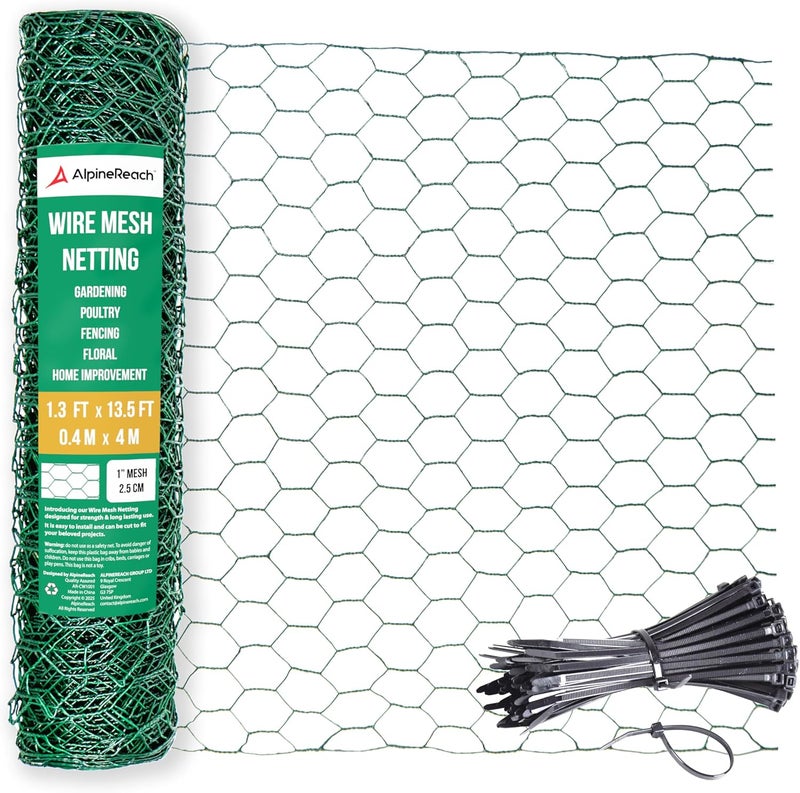 AlpineReach Chicken Wire 1.3ft x 13.5ft (15.6" x 162") for Floral Arrangements, Zip Ties - Green Mesh Roll Galvanized Hexagonal PVC Coated Garden Netting for Fencing, Crafts, Poultry, Gardening Fence - Image 1
