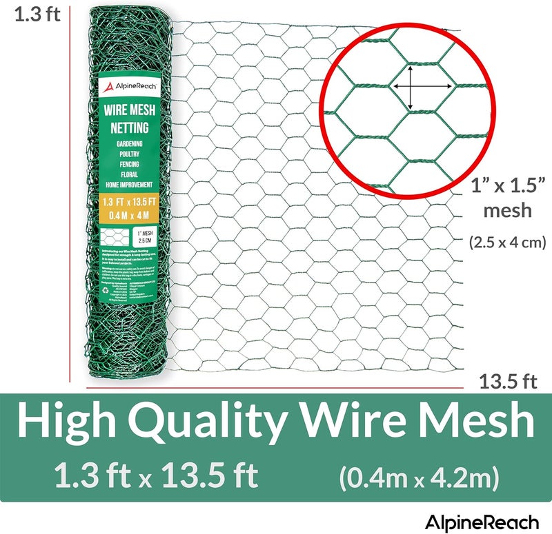 AlpineReach Chicken Wire 1.3ft x 13.5ft (15.6" x 162") for Floral Arrangements, Zip Ties - Green Mesh Roll Galvanized Hexagonal PVC Coated Garden Netting for Fencing, Crafts, Poultry, Gardening Fence - Image 2