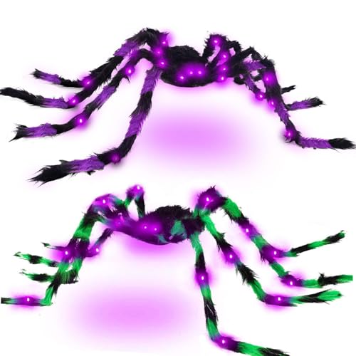 VOMAOK Halloween Spider Decorations 4ft Light Up Coloful Giant Spider(2 Pack) for Indoor Outdoor Halloween Decorations Yard Party House Décor - Image 1