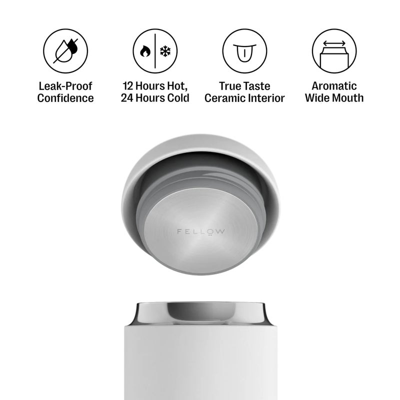 Fellow 12 oz Carter Move Wide Travel Mug - Wide Mouth Vacuum-Insulated Stainless Steel Coffee Mug - Tea and Coffee Tumbler - Travel Coffee Mug with Ceramic Interior - Matte White - Image 2