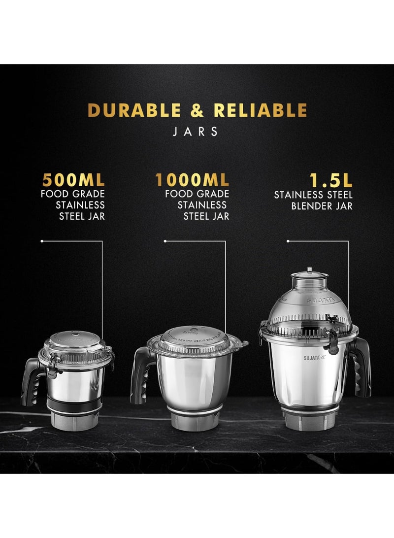 Sujata MG02 Mixer Grinder 1000Watts | Double Ball Bearing Motor|24000 RPM|Non-Stop 90 Mins Running|3 Food Grade Steel Jars including 1500ml Multipurpose, 1000ml Grinder, 500ml Chutney Jar| (Black) - Image 3