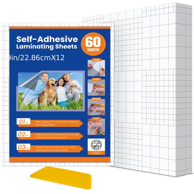 60 Pack Self Adhesive Laminating Sheets 9 x 12 Inches Thicker Than 3 Mil Strong Adhesion Transparent PVC Film For Long Term Protection Office Supplies Display Equipment Sealing Materials - Image 1