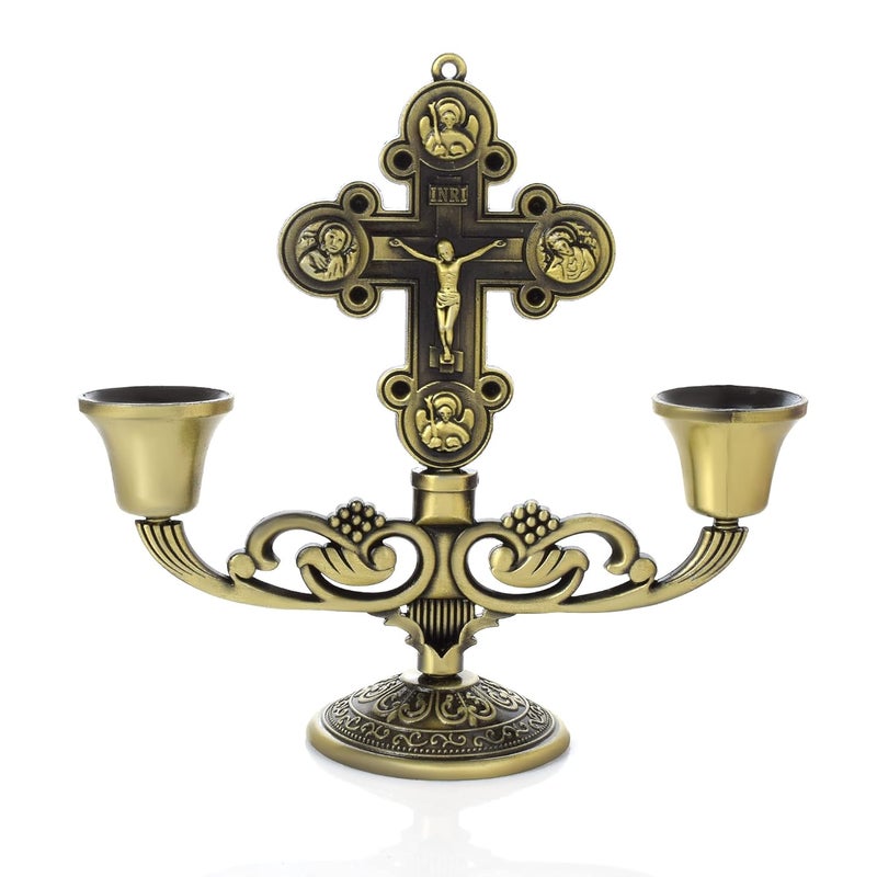 Memoir Antique Goldplated Vintage Mantle Cross Candle Holder Cross Crucifix Stand Home Decor Christian (STKL7795) - Image 1
