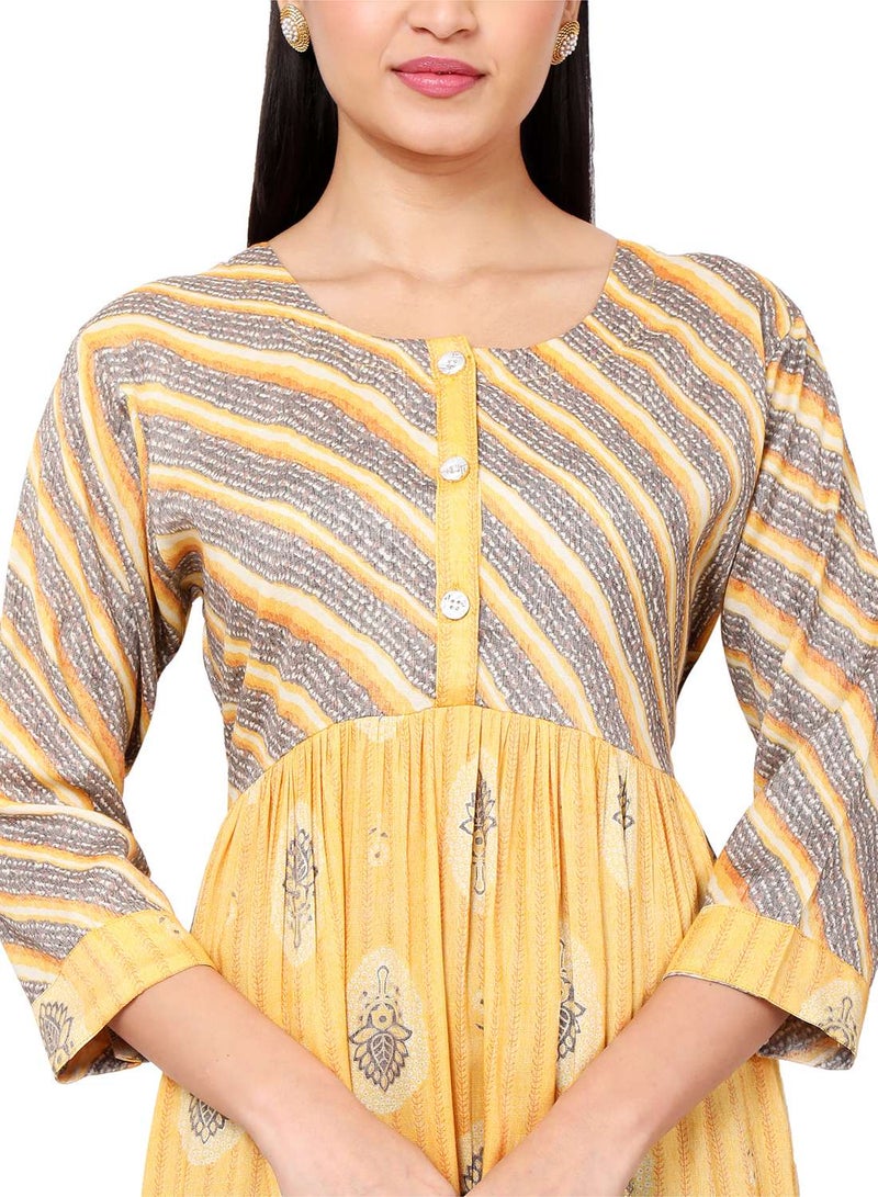 HANA & SARA FLORAL AND STRIP PRINTED FRONT STYLED BUTTONED ARABIC KAFTAN JALABIYA DRESS  - Image 3