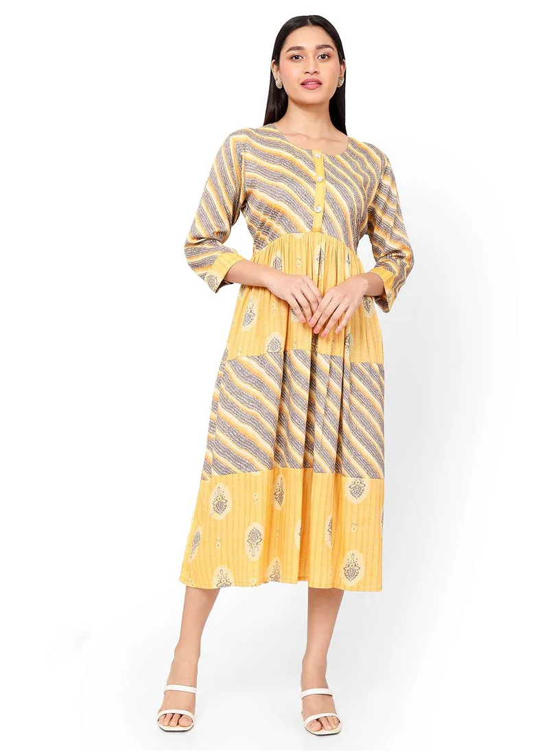 هانا آند سارا FLORAL AND STRIP PRINTED FRONT STYLED BUTTONED ARABIC KAFTAN JALABIYA DRESS