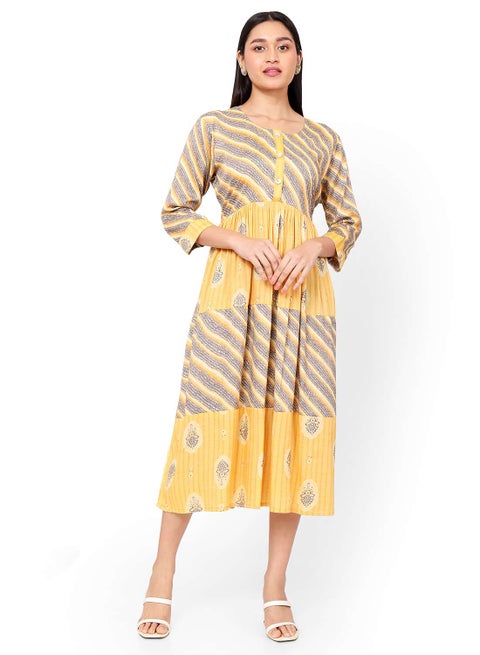 FLORAL AND STRIP PRINTED FRONT STYLED BUTTONED ARABIC  JALABIYA DRESS