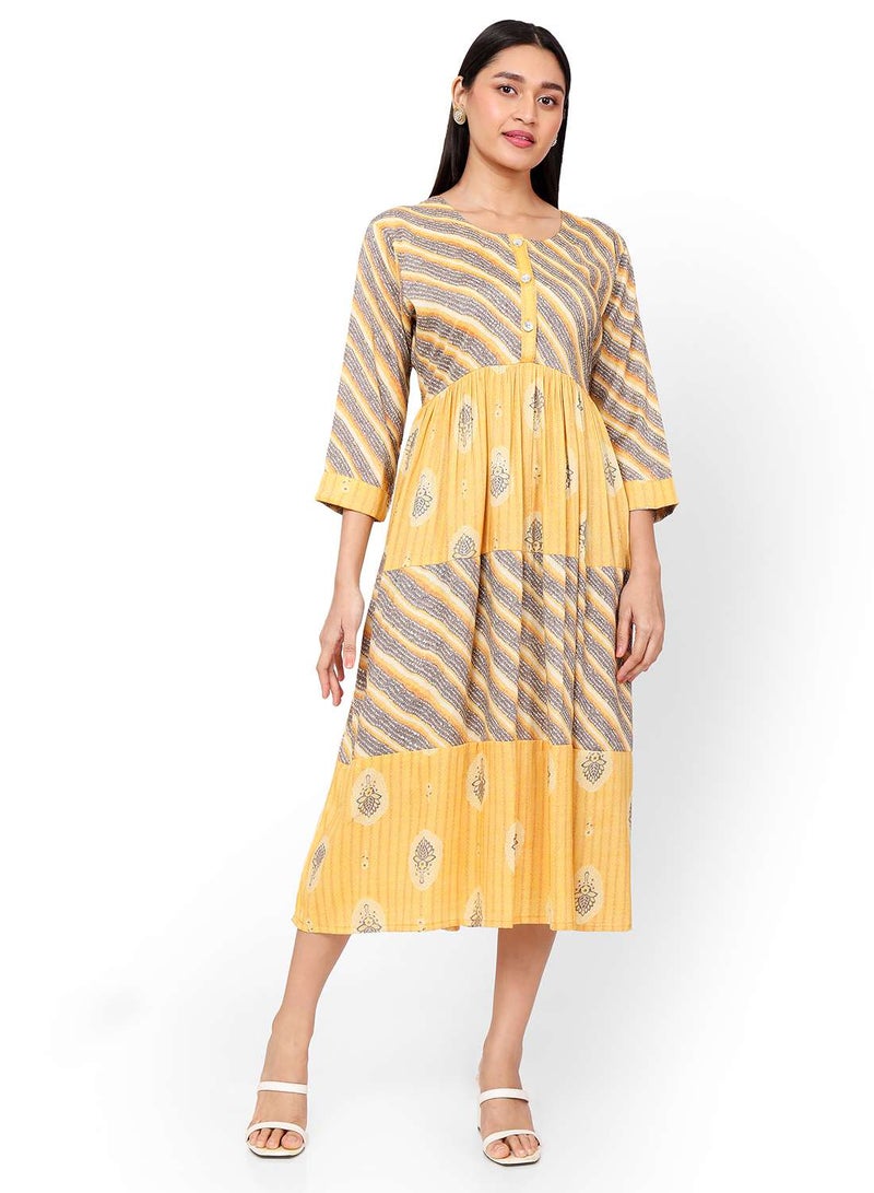 HANA & SARA FLORAL AND STRIP PRINTED FRONT STYLED BUTTONED ARABIC KAFTAN JALABIYA DRESS  - Image 4