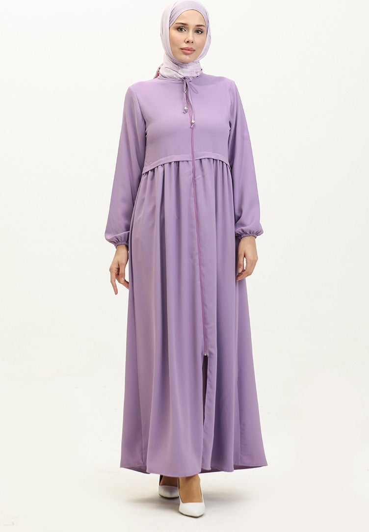 Pleated Zippered Abaya 4525-07 Lilac