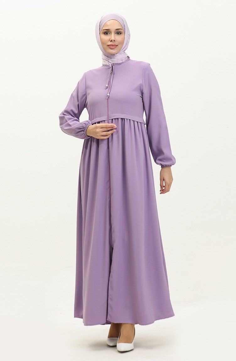 Pleated Zippered Abaya 4525-07 Lilac