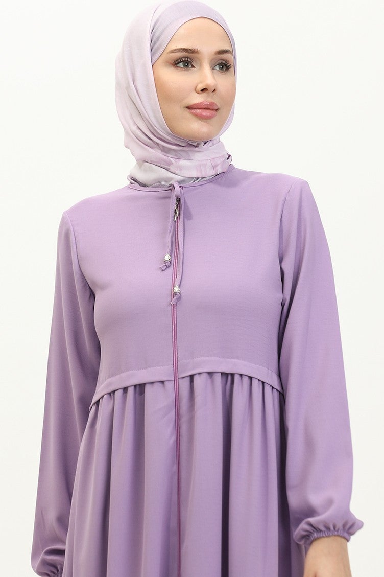 Pleated Zippered Abaya 4525-07 Lilac