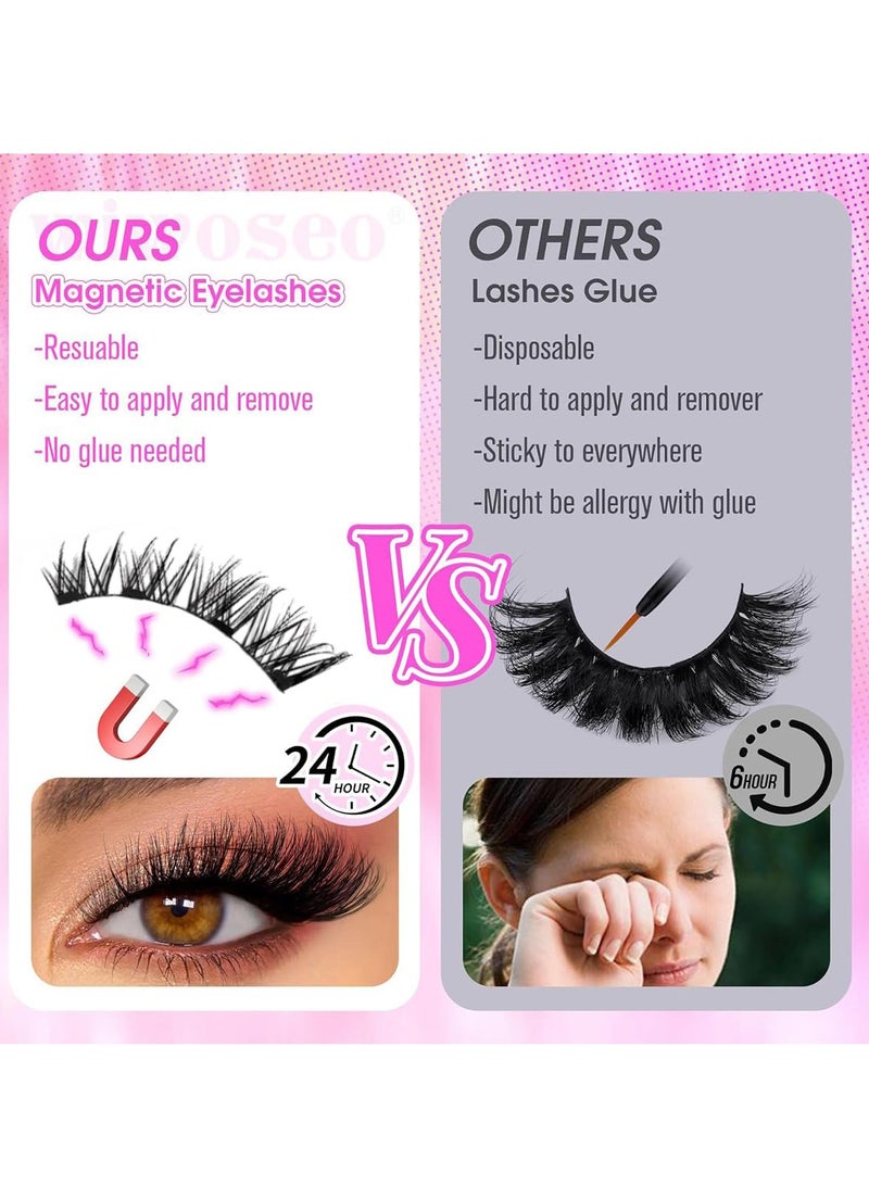 فلاي رود مجموعة رموش صناعية مغناطيسية، رموش مغناطيسية قابلة لإعادة الاستخدام، تركيبة رموش علوية وسفلية (العين اليسرى واليمنى منفصلتان)، مجموعة رموش صناعية ثلاثية الأبعاد طبيعية خالية من الغراء مع أداة وضع، سهلة الارتداء - Image 3