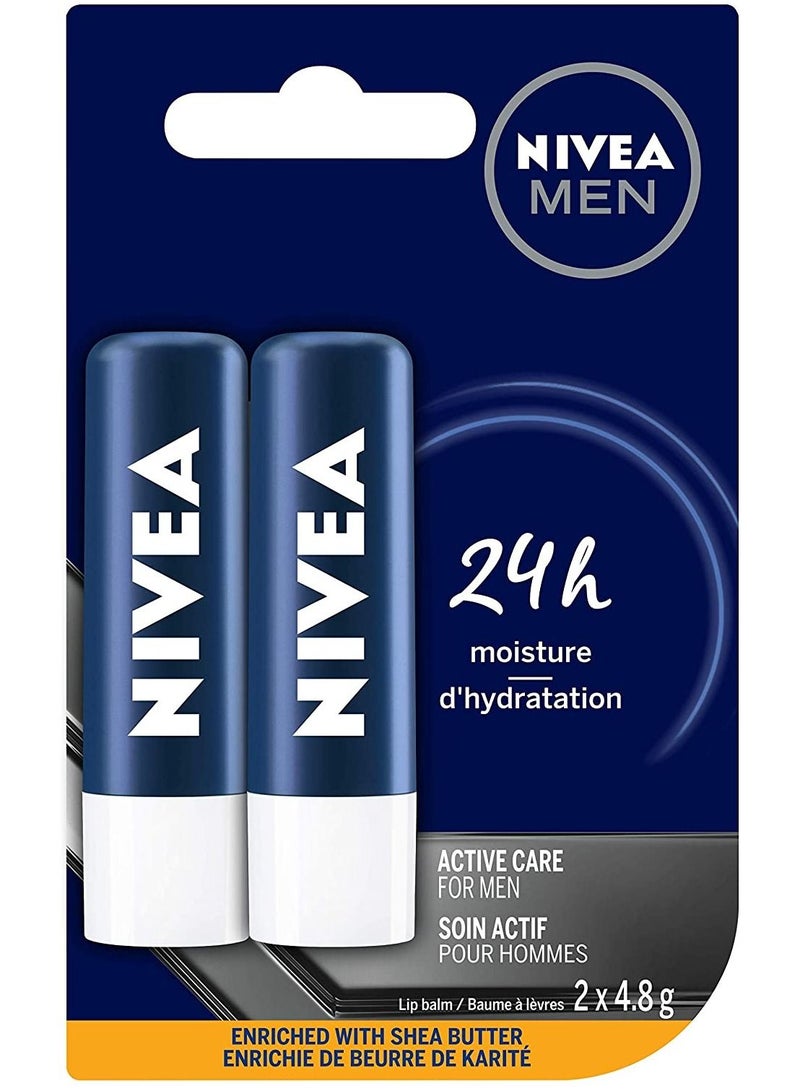 Nivea مرطب الشفاه MEN Active Care (2 × 4.8 جرام)، مرطب شفاه جاف سريع الامتصاص، مرطب شفاه خالٍ من اللمعان مع زبدة الشيا وزيت الأفوكادو والجوجوبا، ترطيب لمدة 24 ساعة - Image 1