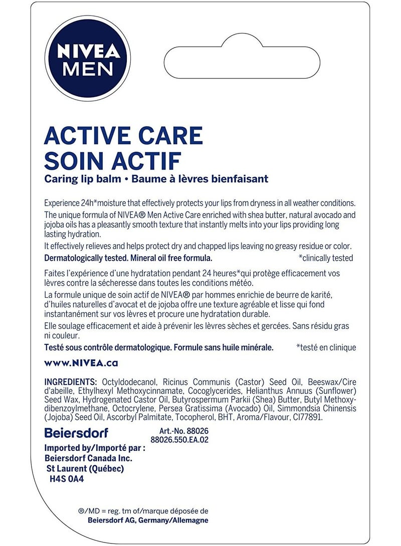 Nivea مرطب الشفاه MEN Active Care (2 × 4.8 جرام)، مرطب شفاه جاف سريع الامتصاص، مرطب شفاه خالٍ من اللمعان مع زبدة الشيا وزيت الأفوكادو والجوجوبا، ترطيب لمدة 24 ساعة - Image 2