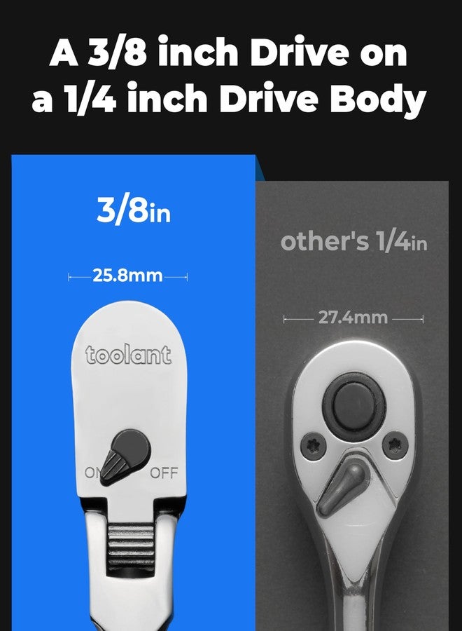 toolant 4Pcs Flex Head Ratchet Set, 1/4“&3/8"&1/2" Drive Gearwrench Compact Head Ratchet, 90 Tooth Gear, 180° Flex, 11 Positions, Longer Handle, 1.5X ASME Durability - Image 3