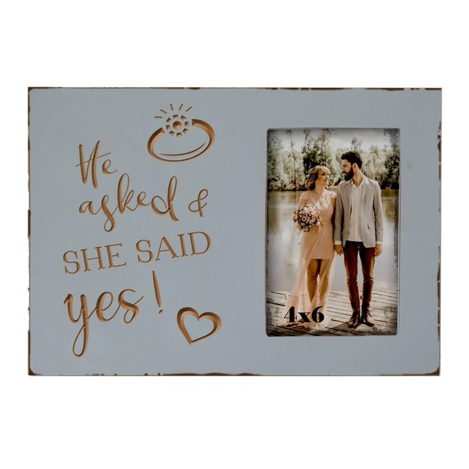 WEDDING ENGAGEMENT GIFTS FOR WOMEN BRIDE TO BE LOVERS ENGRAVED PICTURE FRAME 4X6 INCHES HE ASKED AND SHE SAID YES WARM GREY