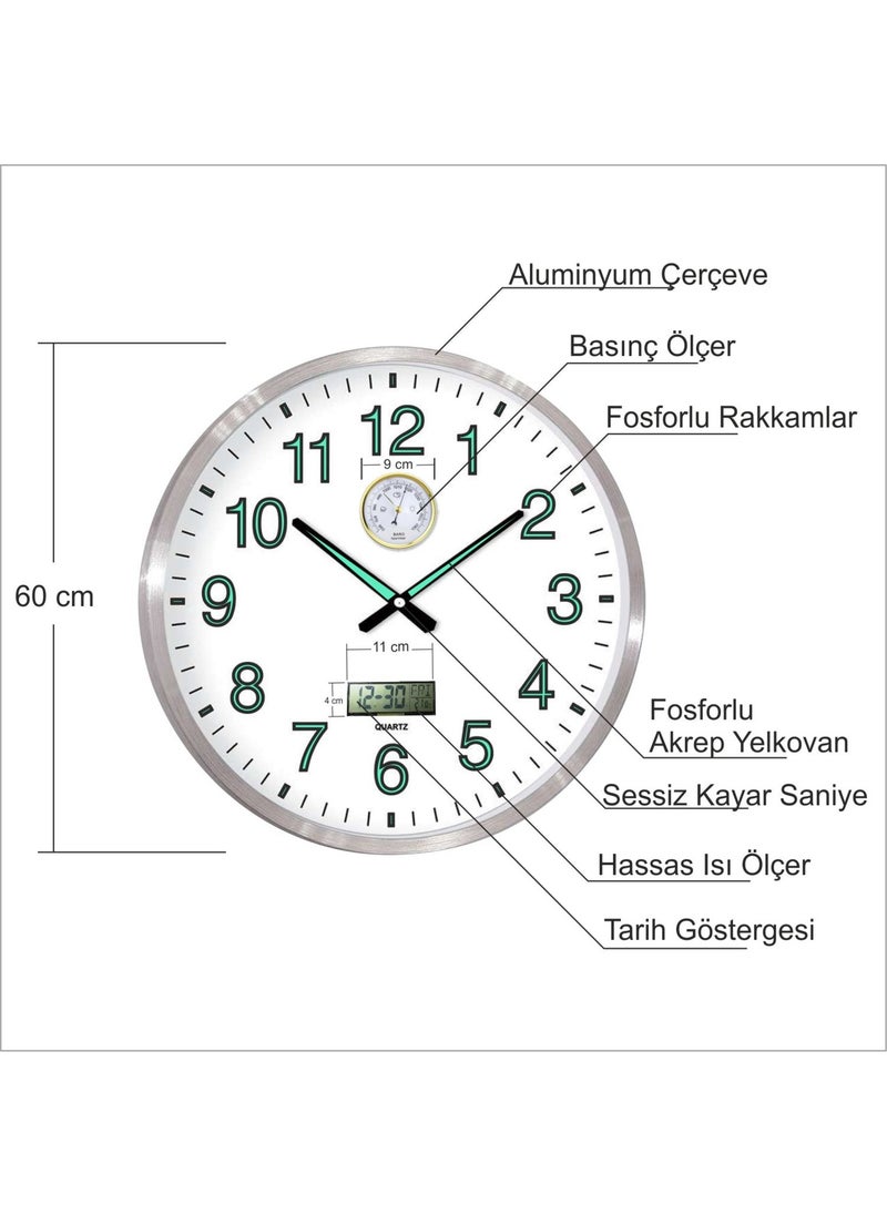 Large 60CM Precision Pressure Gauge Temperature Meter Thermometer Phosphorescent Wall Clock with Date Display for Room