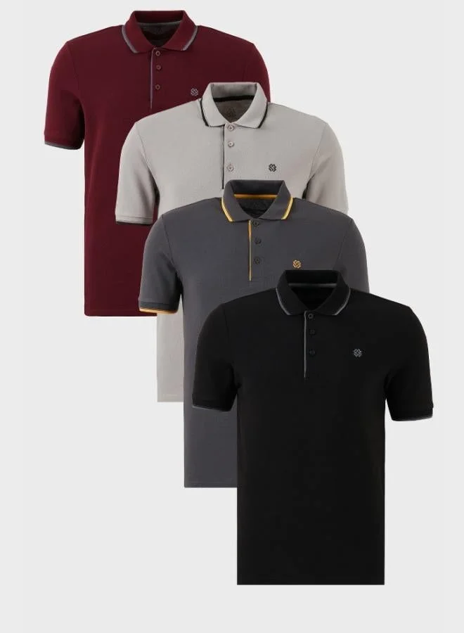 بوراتي تيشيرت بولو قطن رجالي من بوراتي بياقة مطوية وأزرار وتفاصيل مخططة بقصة ضيقة عبوة من  قطع