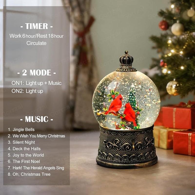 Gorrzai Cardinal Snow Globe Christmas Snow Globes Lantern, Lighted Christmas Decorations Indoor for Home with Music Timer Swirling Glitter, Light Up Musical Cardinals Decor, USB or Battery Operated - Image 3