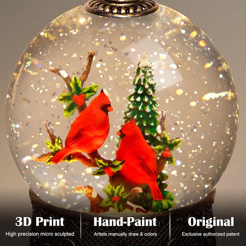 Gorrzai Cardinal Snow Globe Christmas Snow Globes Lantern, Lighted Christmas Decorations Indoor for Home with Music Timer Swirling Glitter, Light Up Musical Cardinals Decor, USB or Battery Operated - Image 2
