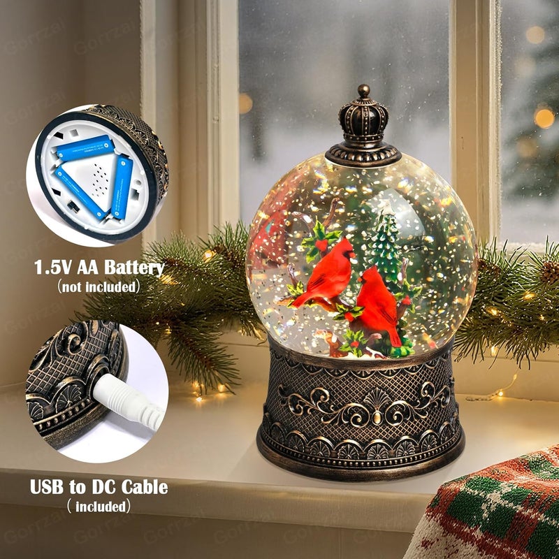 Gorrzai Cardinal Snow Globe Christmas Snow Globes Lantern, Lighted Christmas Decorations Indoor for Home with Music Timer Swirling Glitter, Light Up Musical Cardinals Decor, USB or Battery Operated - Image 4