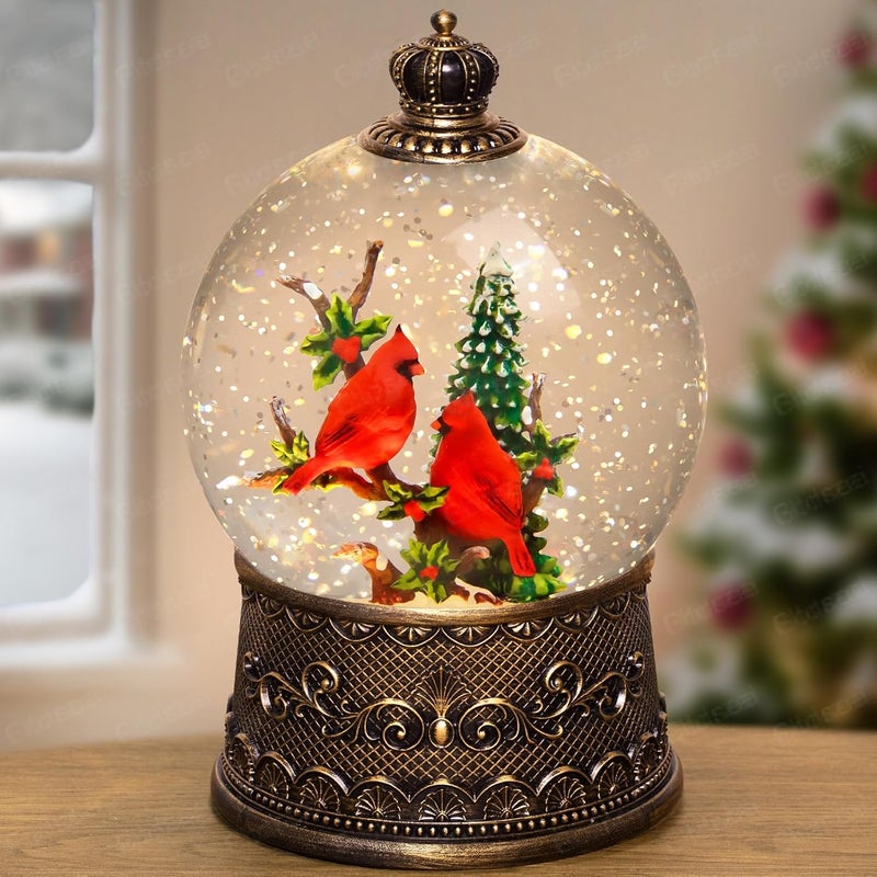 Gorrzai Cardinal Snow Globe Christmas Snow Globes Lantern, Lighted Christmas Decorations Indoor for Home with Music Timer Swirling Glitter, Light Up Musical Cardinals Decor, USB or Battery Operated - Image 1