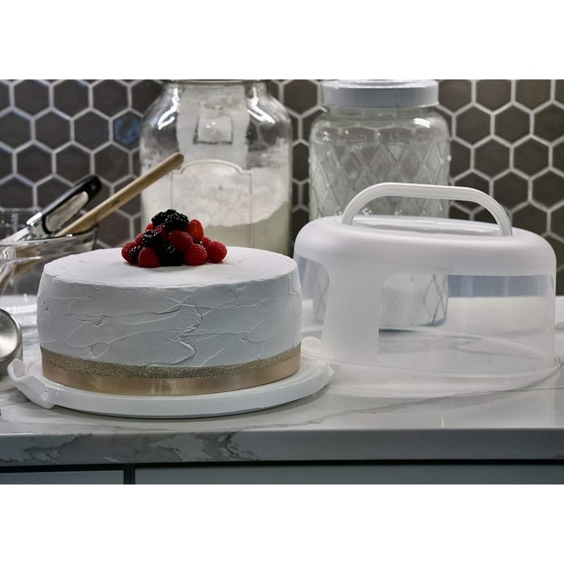 Highball  Chaser Top Shelf Elements Round Cake Carrier Two Sided Holder Serves as Five Section Serving Tray, Portable Stand Fits 10 inch Cake, Box Comes with Handle, Container Holds Pies (White) - Image 4