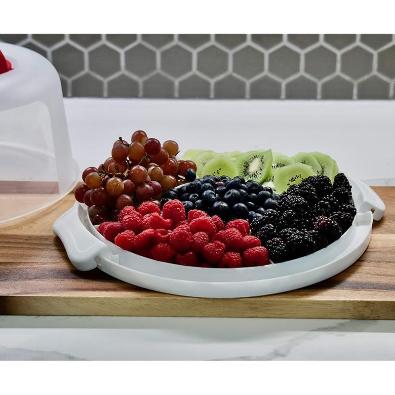 Highball  Chaser Top Shelf Elements Round Cake Carrier Two Sided Holder Serves as Five Section Serving Tray, Portable Stand Fits 10 inch Cake, Box Comes with Handle, Container Holds Pies (White) - Image 5