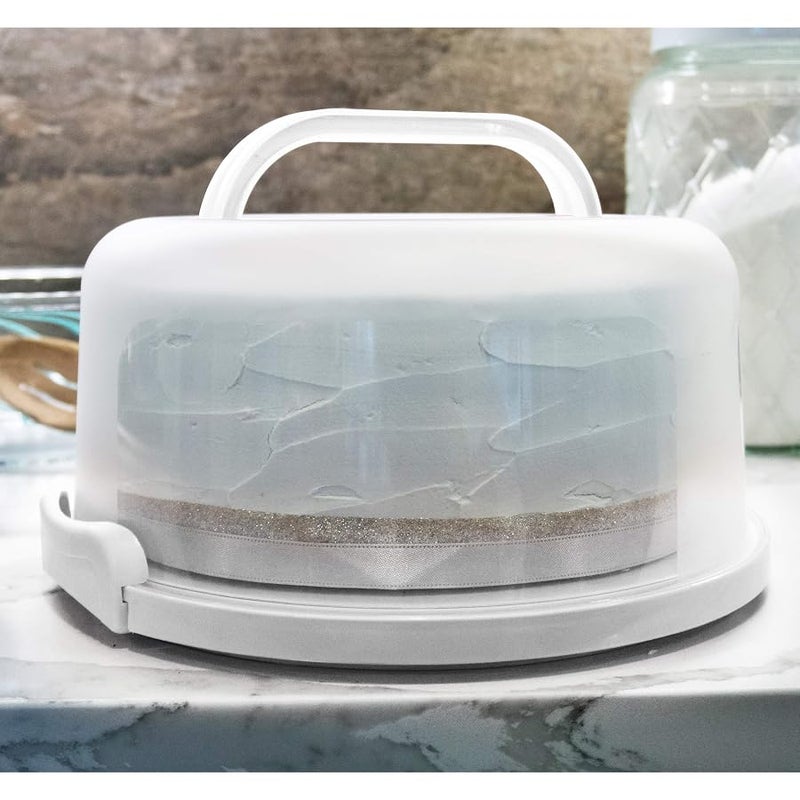Highball  Chaser Top Shelf Elements Round Cake Carrier Two Sided Holder Serves as Five Section Serving Tray, Portable Stand Fits 10 inch Cake, Box Comes with Handle, Container Holds Pies (White) - Image 2
