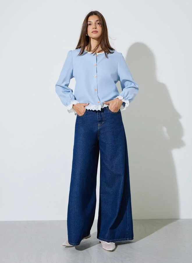 ستايلي Blue Lace Trim Button Front Blouse