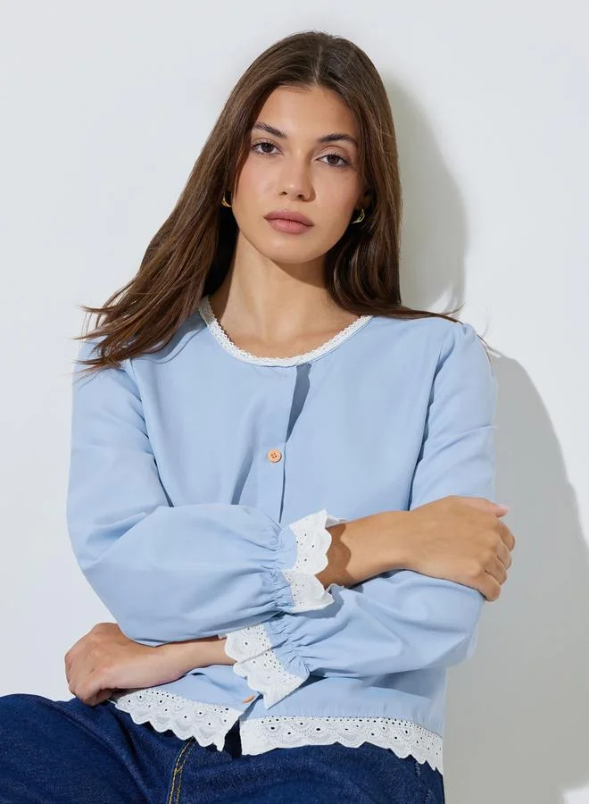 ستايلي Blue Lace Trim Button Front Blouse