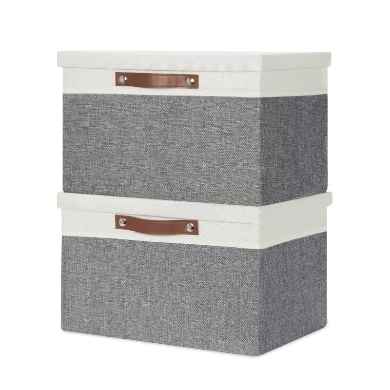 Temary Collapsible Storage Bins Storage Boxes with lid 2 Pack Storage Baskets with Lid Decorative Storage Clothes Organizer Bins with Handles WhiteGray 15x11x95inch