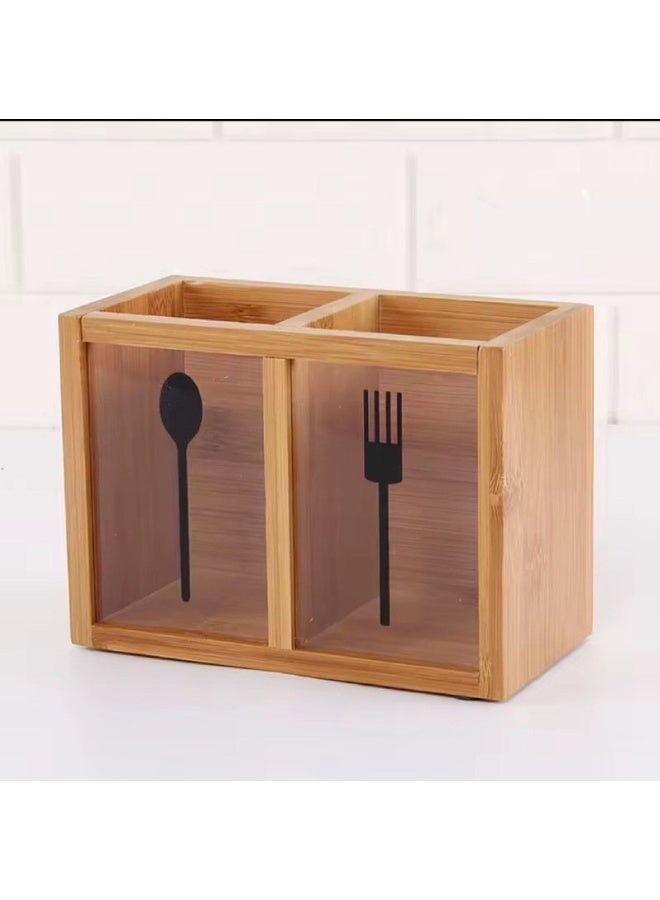 NAMA Dual Compartment Wooden Bamboo Cutlery Organizer with Transparent Panels - Image 1