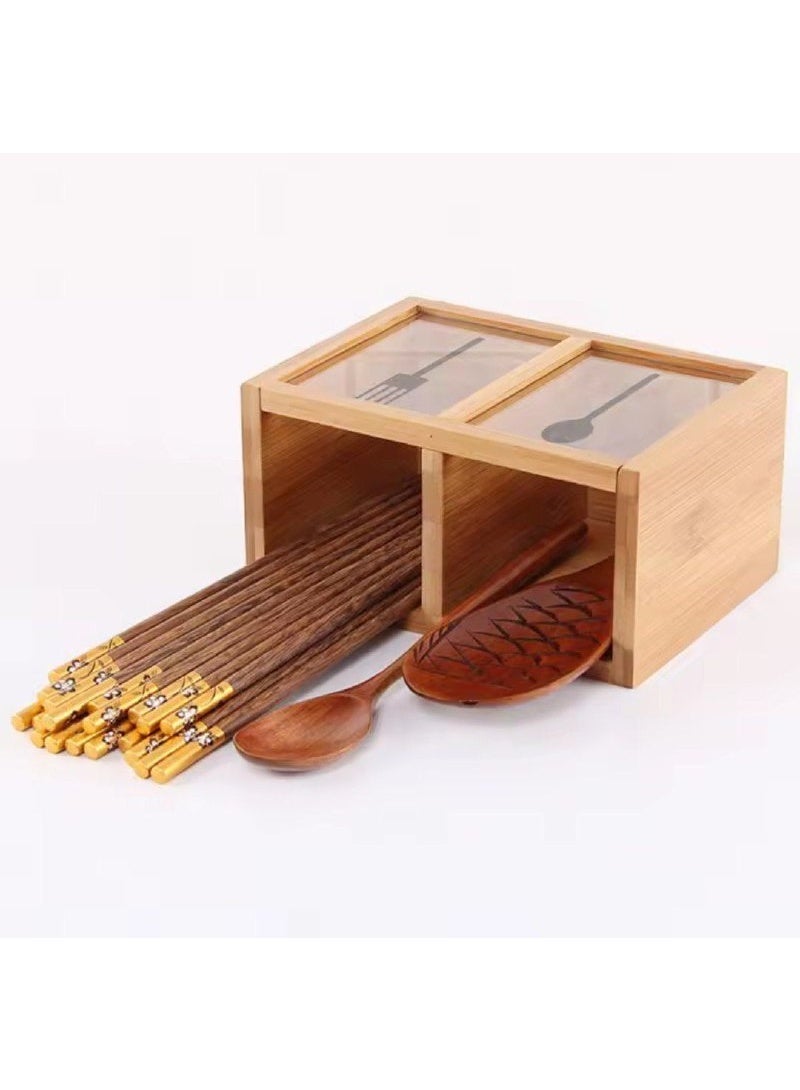 NAMA Dual Compartment Wooden Bamboo Cutlery Organizer with Transparent Panels - Image 3