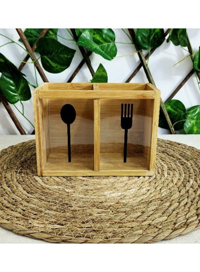NAMA Dual Compartment Wooden Bamboo Cutlery Organizer with Transparent Panels - Image 4