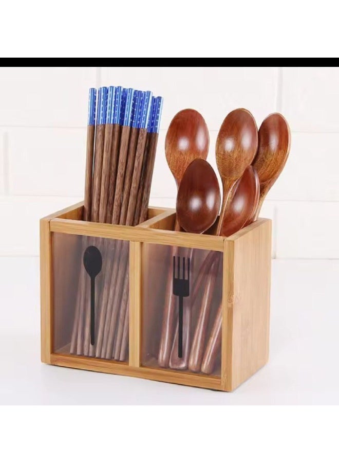 NAMA Dual Compartment Wooden Bamboo Cutlery Organizer with Transparent Panels - Image 2