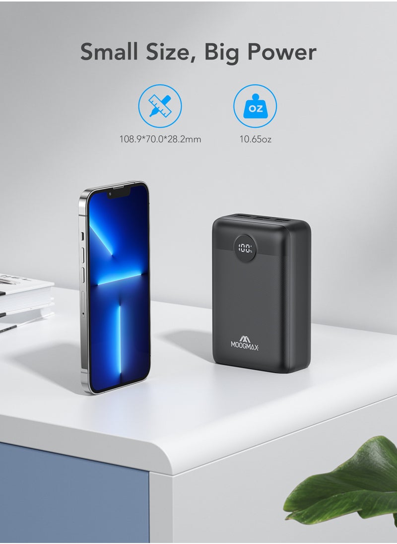 Power bank 30000mAh, 45W with six outlets, supports fast charging and a digital display screen, compatible with all devices and can charge a laptop, in black.