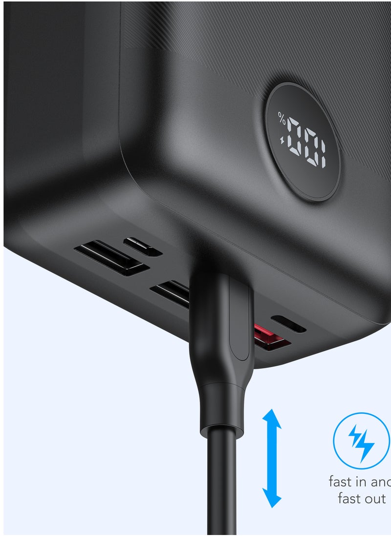 Power bank 30000mAh, 45W with six outlets, supports fast charging and a digital display screen, compatible with all devices and can charge a laptop, in black.