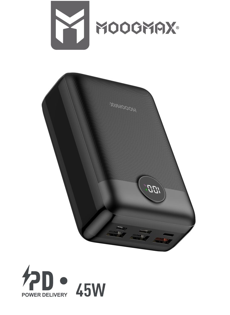 Power bank 30000mAh, 45W with six outlets, supports fast charging and a digital display screen, compatible with all devices and can charge a laptop, in black.