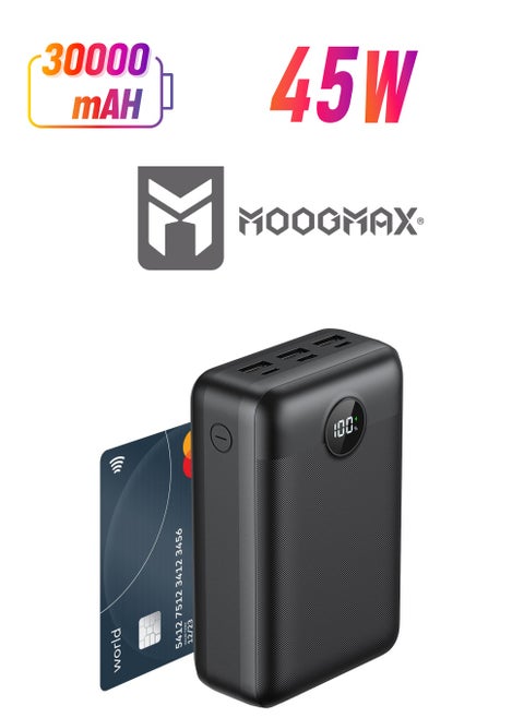 Power bank 30000mAh, 45W with six outlets, supports fast charging and a digital display screen, compatible with all devices and can charge a laptop, in black.