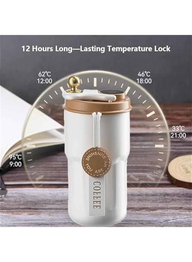 420ml Insulated Travel Coffee Mug,Stainless Steel Vacuum Coffee Cup Durable Leakproof Tumbler Thermal Mug Easy Grip Portable Insulated Mug Vehicle-Mounted Cold Water Retaining Trip Cup-Beige  - Image 4
