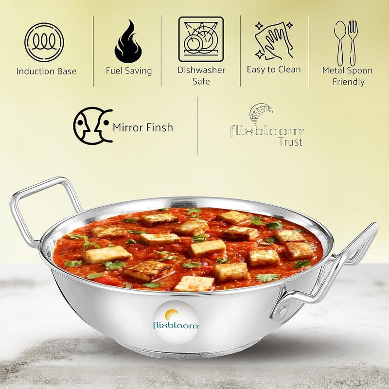 FLIXBLOOM FLIXBLOOM Preferable Stainless Steel Induction Base Deep Kitchen Utensil Cookware Kadai with Lid 3 Litre Kadhai with Lid  - Image 4