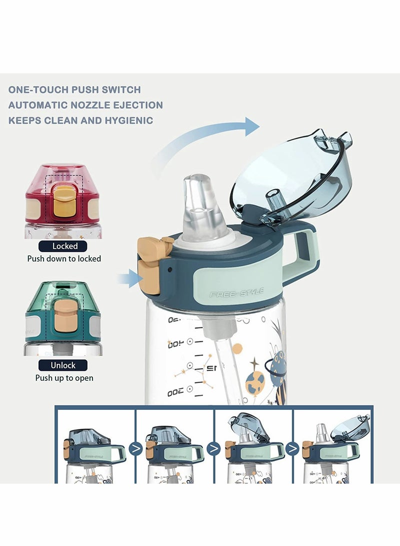 Zikra Kids Water Bottle with Straw, 450ML Water Bottle with Measurement Handle BPA-Free for School, Children's Suction Nozzle Plastic Scale Cup Portable Pop Up Cover Learning Drinking Straw Cup (Blue) - Image 2