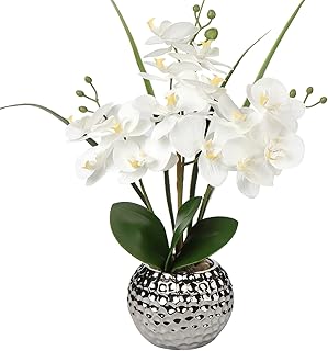 Briful Orchids Artificial Flowers, 20' White Faux Orchid with Silver Vase Phalaenopsis Orchid Fake Orchid Fake Plant - Image 1