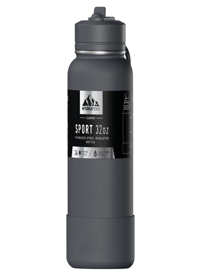 Hydrapeak 32oz Sport Insulated Water Bottle with Straw or Chug Lid, Leak & Spill Proof, Keeps Drinks Cold for 24 Hours, Hot for 12 Hours (Grey Matter)