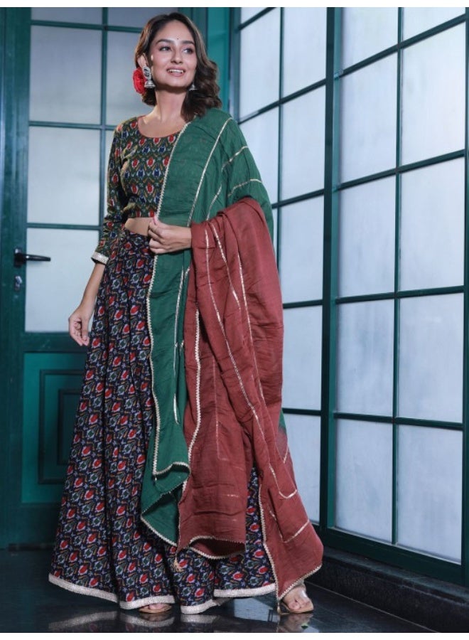 AKS Green And Blue Printed Lehenga Choli With Dupatta - Image 1