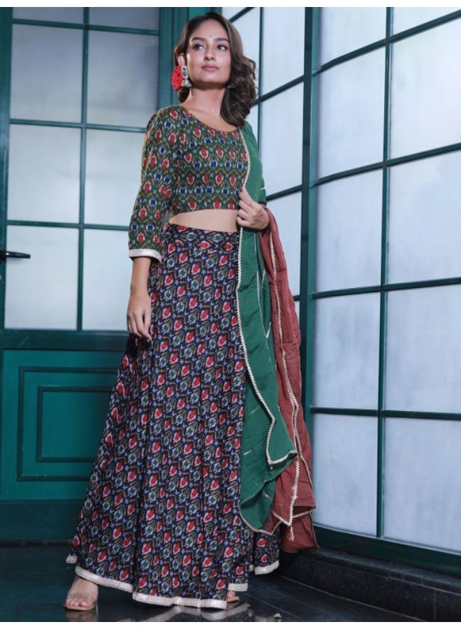 AKS Green And Blue Printed Lehenga Choli With Dupatta - Image 4